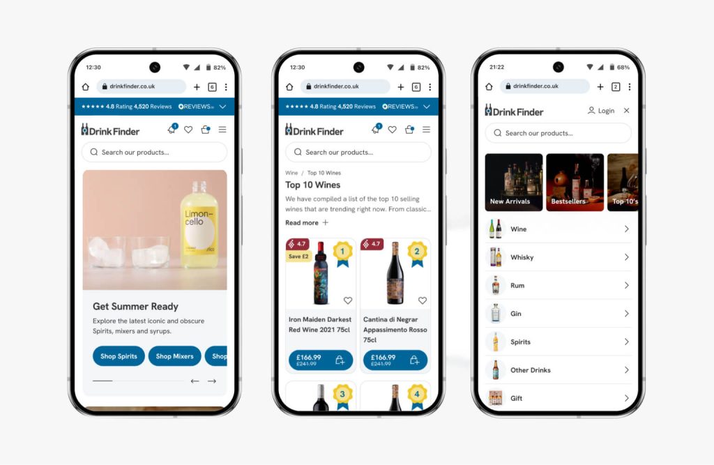 The Drink Finder Shopify collection page comparison toggle on mobile
