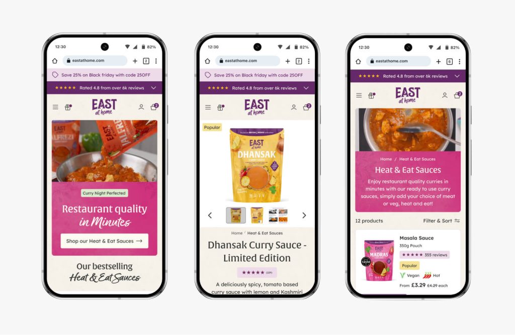 The East at Home Shopify quantity selector showing live price per pouch on mobile